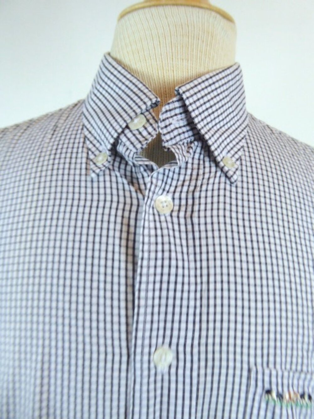 MISE AU GREEN Black check plaid cotton long sleeve shirt L emberoidered cows